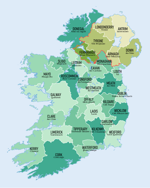 Map of Ireland with traditional counties